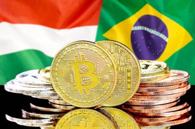 Macaristan ve Brezilya bayrağı arka plan üzerinde bitcoins