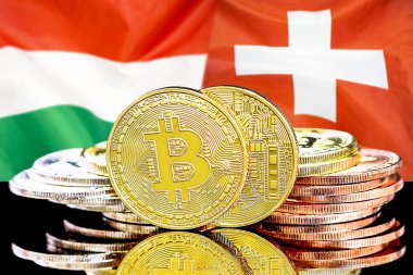 Macaristan ve İsviçre bayrak arka plan üzerinde bitcoins