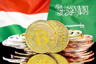 Macaristan ve Suudi Arabistan bayrak arka plan üzerinde bitcoins
