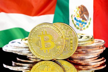 Macaristan ve Meksika bayrağı arka plan üzerinde bitcoins