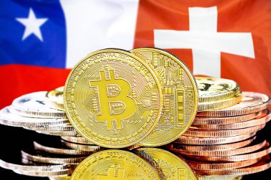 Şili ve İsviçre bayrağı arka plan üzerinde bitcoins