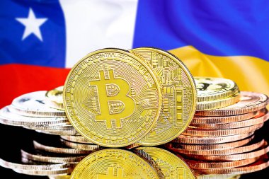 Şili ve Ukrayna bayrak arka plan üzerinde bitcoins