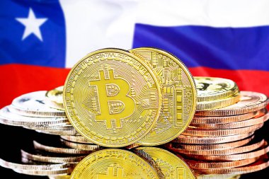 Şili ve Rusya bayrak arka plan üzerinde bitcoins
