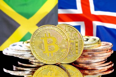 Jamaika ve İzlanda bayrak arka plan üzerinde bitcoins