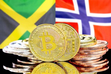 Jamaika ve Norveç bayrak arka plan üzerinde bitcoins