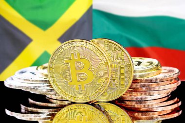 Jamaika ve Bulgaristan bayrak arka plan üzerinde bitcoins