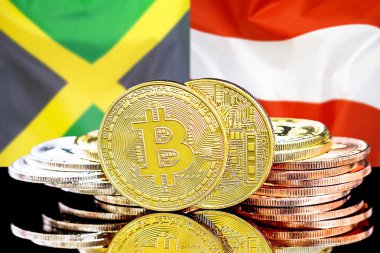 Jamaika ve Avusturya bayrak arka plan üzerinde bitcoins