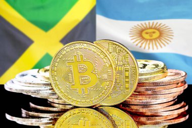 Jamaika ve Arjantin bayrak arka plan üzerinde bitcoins
