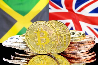 Jamaika ve İngiltere bayrak arka plan üzerinde bitcoins