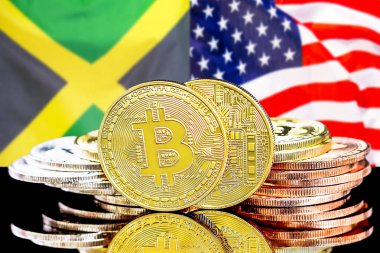 Jamaika ve Abd bayrağı arka plan üzerinde bitcoins