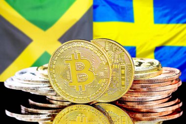 Jamaika ve İsveç bayrağı arka plan üzerinde bitcoins
