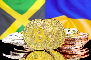 Jamaika ve Ukrayna bayrak arka plan üzerinde bitcoins