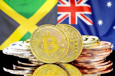 Jamaika ve Avustralya bayrak arka plan üzerinde bitcoins