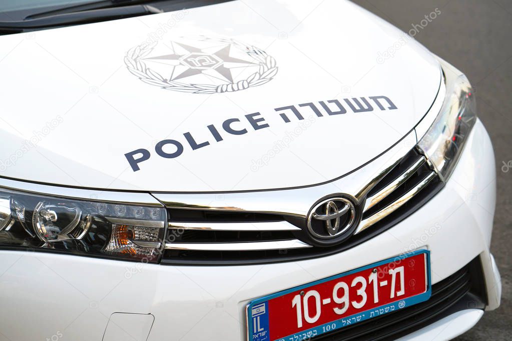 Israeli police car with text and logo close-up. Nobody in the vehicle. 13 August 2019. Tel Aviv. Israel
