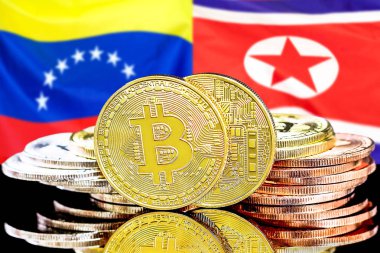 Venezuela ve Kuzey Kore bayrak arka plan üzerinde bitcoins