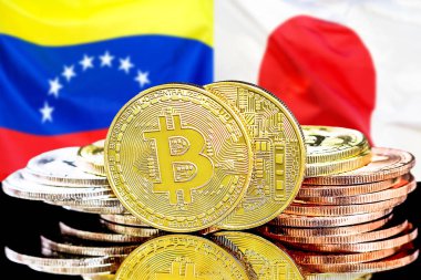 Venezuela ve Japonya bayrak arka plan üzerinde bitcoins