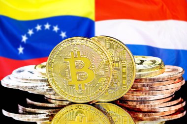 Venezuela ve Hollanda bayrak arka plan üzerinde bitcoins