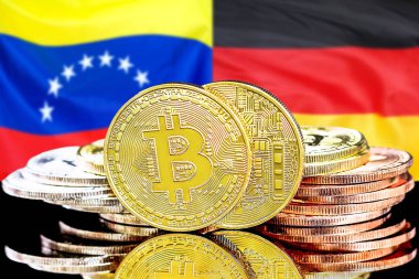 Venezuela ve Almanya bayrak arka plan üzerinde bitcoins