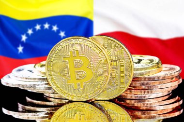 Venezuela ve Polonya bayrak arka plan üzerinde bitcoins