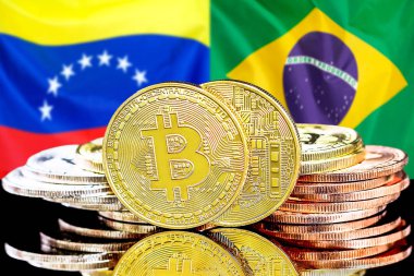 Venezuela ve Brezilya bayrağı arka plan üzerinde bitcoins
