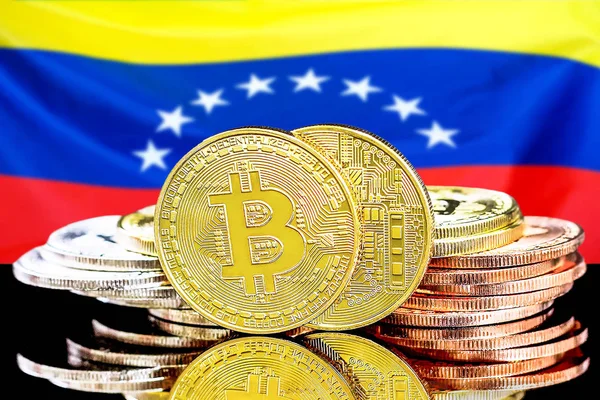 Bitcoins on Venezuela flag background — Stock Photo, Image