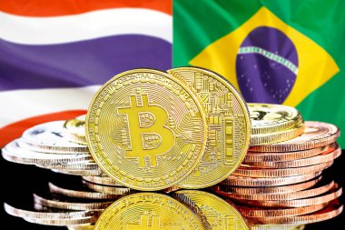 Tayland ve Brezilya bayrağı arka plan üzerinde Bitcoins