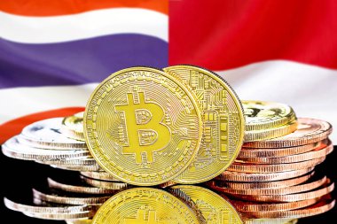 Tayland ve Monako bayrak arka plan üzerinde Bitcoins