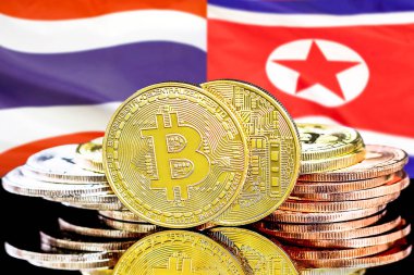 Bitcoins Tayland ve Kuzey Kore bayrak arka plan