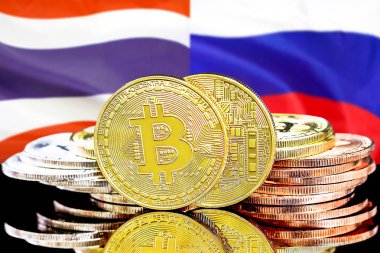Bitcoins Tayland ve Rusya bayrak arka plan üzerinde