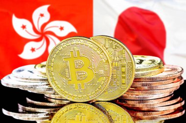 Hong Kong ve Japonya bayrak arka plan üzerinde Bitcoins