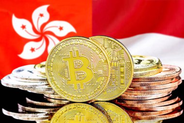Hong Kong ve Monako bayrak arka plan üzerinde Bitcoins