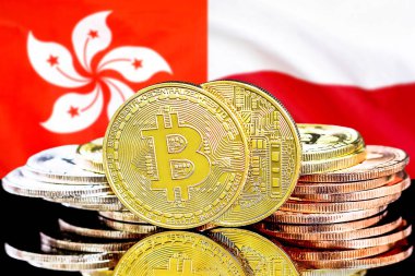 Hong Kong ve Polonya bayrak arka plan üzerinde Bitcoins