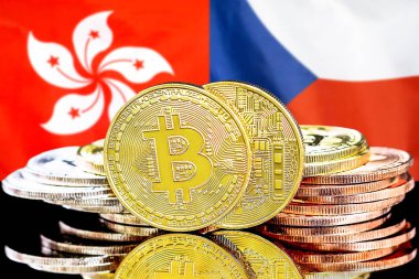 Hong Kong ve Çek Cumhuriyeti bayrağı arka plan üzerinde Bitcoins