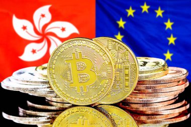 Hong Kong ve Avrupa Birliği bayrak arka plan bitcoins