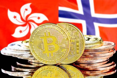 Hong Kong ve Norveç bayrak arka plan üzerinde Bitcoins