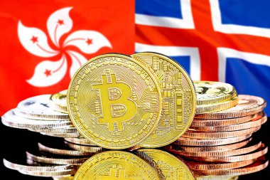 Hong Kong ve İzlanda bayrak arka plan üzerinde Bitcoins