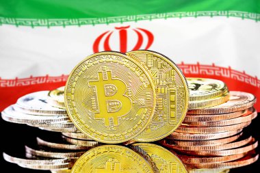 İran bayrağı arka plan üzerinde bitcoins