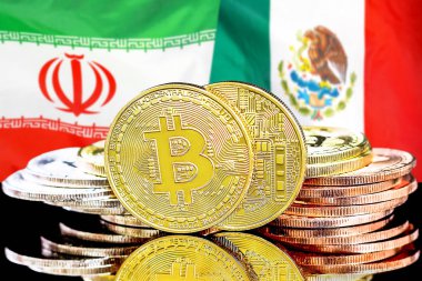 İran ve Meksika bayrağı arka plan üzerinde Bitcoins
