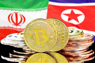 İran ve Kuzey Kore bayrağı arka plan bitcoins