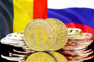 Bitcoins Belçika ve Rusya bayrak arka plan üzerinde