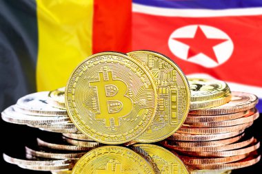 Bitcoins Belçika ve Kuzey Kore bayrak arka plan
