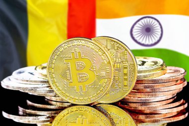Bitcoins Belçika ve Hindistan bayrak arka plan