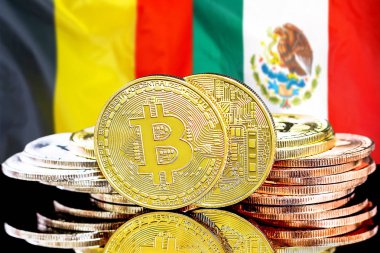Belçika ve Meksika bayrağı arka planda Bitcoins