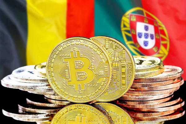 Bitcoins on Belgium and Portugal flag background — Stock Photo, Image