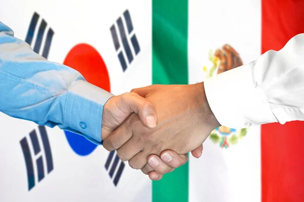 Apretón de manos sobre Corea del Sur y fondo de bandera de México . — Foto de Stock