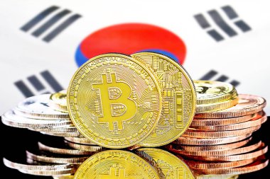 Güney Kore bayrağı arka plan üzerinde bitcoins