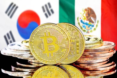Güney Kore ve Meksika bayrağı arka planda Bitcoins