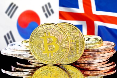 Güney Kore ve İzlanda bayrak arka plan üzerinde Bitcoins