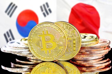 Güney Kore ve Japonya bayrak arka plan bitcoins