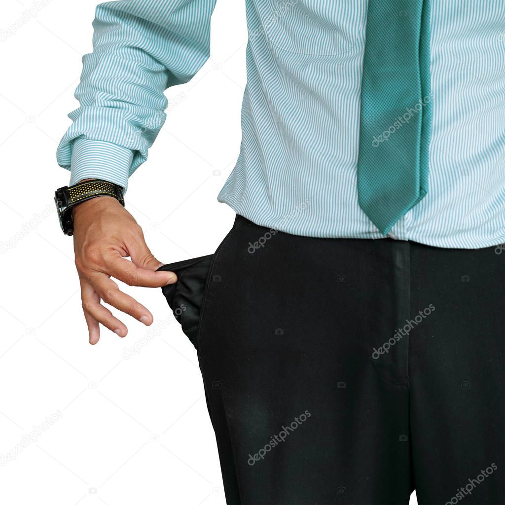 Closeup hand of a businessman in a suit pocket turning his pants inside out and showing his empty pocket isolated on a white background. The crisis.